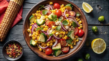 A vibrant corn salad with fresh vegetables garnished with herbs served in a wooden bowl on a rustic table