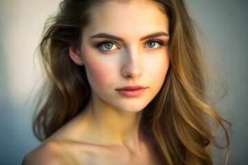 Fototapeta premium A beautiful young woman gazes softly at the camera. Her skin glows in natural light. This portrait showcases beauty and simplicity. Perfect for beauty and fashion projects. 