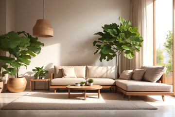 Fabric sofa against grid window near grunge venetian stucco wall. Wabi-sabi home interior design of modern living room.
