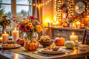 Autumn Table Setting with Pumpkins and Flowers for Thanksgiving Celebration
