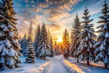 A serene winter landscape unfolds under the soft glow of a setting sun. Tall evergreen trees frame a peaceful snow-covered path. Perfect for nature lovers and travel enthusiasts.