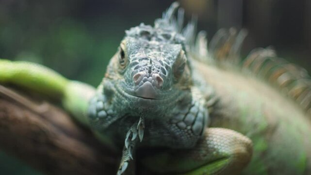 close up green iguana head, green iguana in terrarium, scaly iguana reptiles