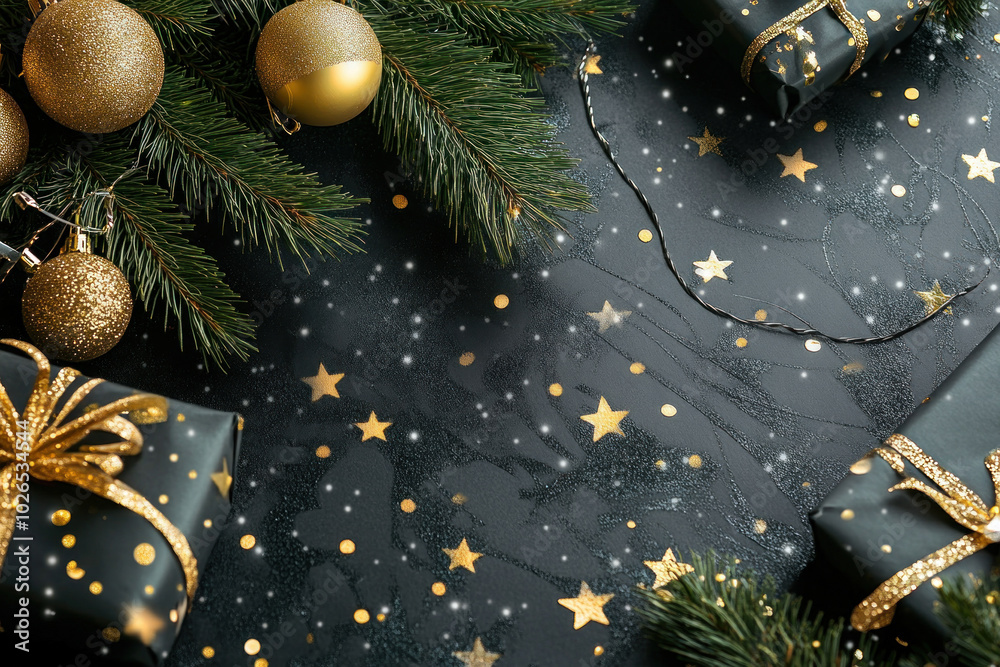 Wall mural christmas tree adorned with gold stars and surrounded by presents, sparkling with festive lights.