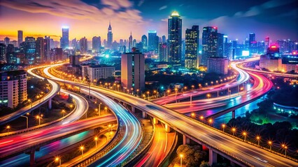 Fototapeta premium A vibrant city night scene featuring bokeh lights, showcasing blurred highway traffic movements that create a dynamic and lively atmosphere under a