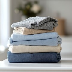 Neatly stacked knitted sweaters in soft tones displayed in a cozy room with sunlight