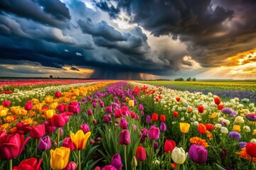 A vibrant flower field stands resilient as a storm approaches, illustrating nature's stark contrast between beauty and the impending power of the