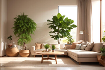Fabric sofa against grid window near grunge venetian stucco wall. Wabi-sabi home interior design of modern living room.