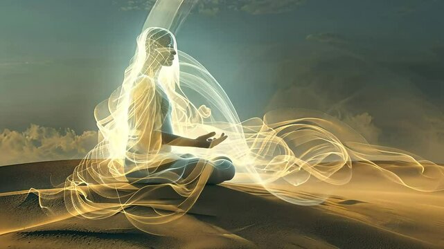 A spiritual being sits in meditation on a sandy shore as golden light emanates from them.