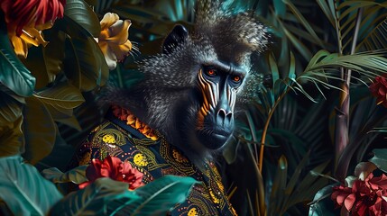 Anthropomorphic mandrill floral jungle mood