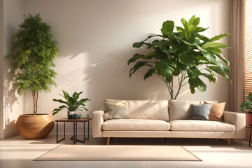 Fabric sofa against grid window near grunge venetian stucco wall. Wabi-sabi home interior design of modern living room.