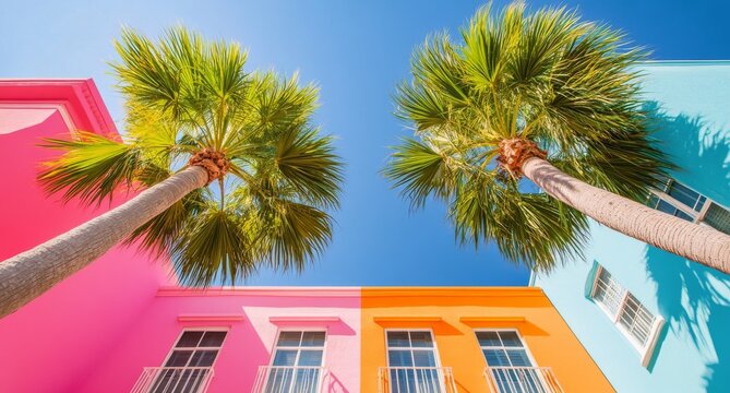 Colorful tropical buildings and palm trees under a clear blue sky in a sunny location
