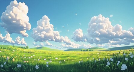 Obraz premium Vibrant meadow filled with blooming flowers under a clear blue sky on a sunny day