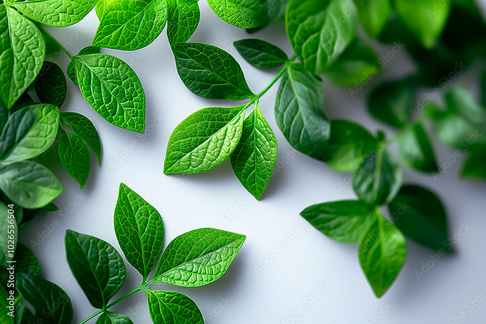 Wall mural Lush green leaves arranged artistically on a clean white background evoke a sense of tranquility and freshness, perfect for nature-inspired themes or decor ideas