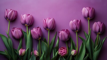 Fototapeta premium Beautiful purple tulips arranged elegantly against a vibrant purple backdrop in springtime bloom