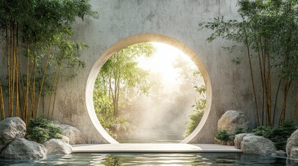 Circular Window View of a Foggy Forest with a Stone Platform Over Water