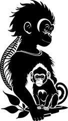 Fototapeta premium black graphic drawing of a monkey with a baby without background, element, logo