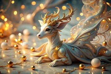 A whimsical creature adorned in gold and marble patterns, bathed in enchanting pastel hues, captured beautifully with low light photography for a