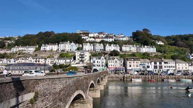 Looe Cornwall England, 30.09.2024. Video. Overview of Looe bridge which crosses the Looe River in Cornwall UK.