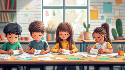 Children creating thank-you cards for veterans in a school classroom, Defenders Day, illustration