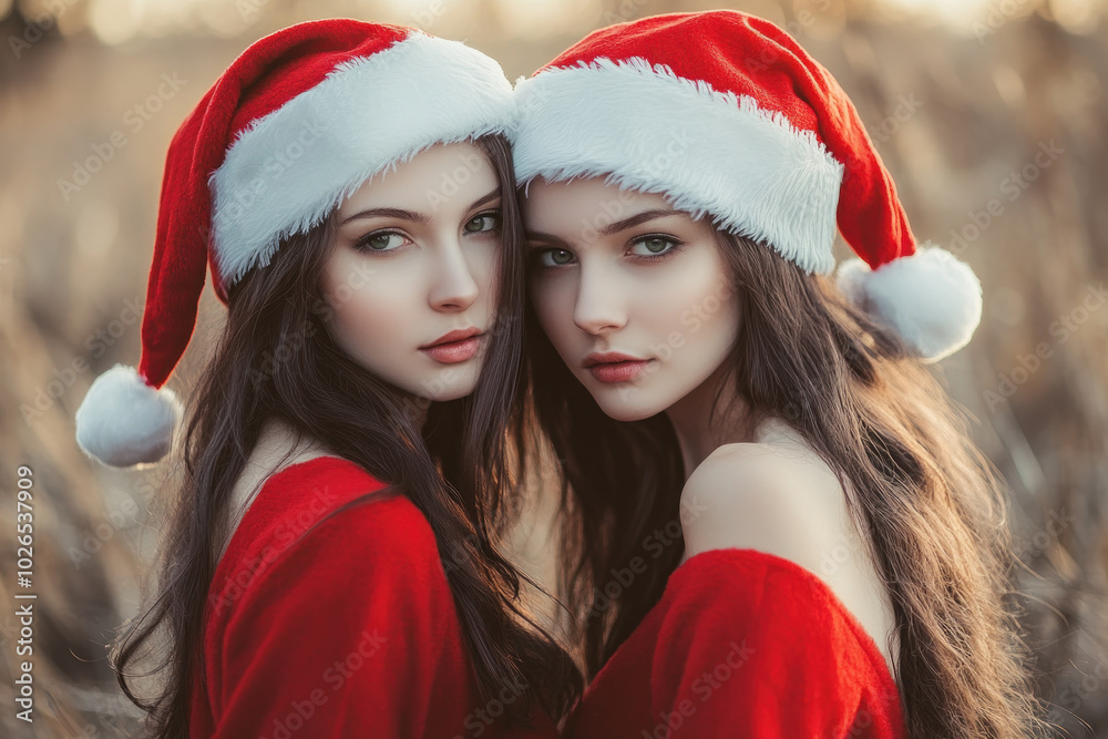 Poster Two girls in Santa hats smiling, surrounded by Christmas lights and decorations, spreading holiday joy.