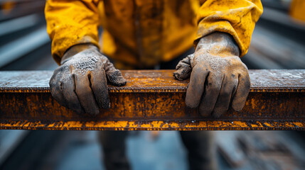 Industrial worker's gloved hands on rusty metal beam, construction site