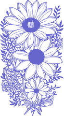 blue graphic drawing flower bouquet of flowers without background, isolated element, logo