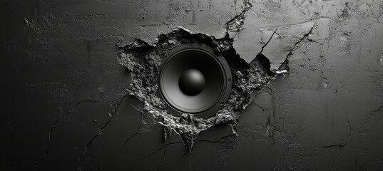 A cracked wall revealing a powerful speaker blending urban design and modern sound technology
