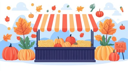 A colorful autumn market stall filled with pumpkins and corn, surrounded by vibrant fall foliage and a clear blue sky.