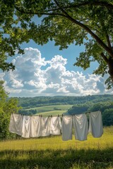 Clothes hanging to dry on a line in a green field with scenic hills and clouds