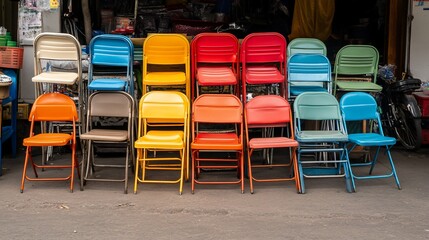 Fototapeta premium A row of colorful folding chairs stacked in front of a store.