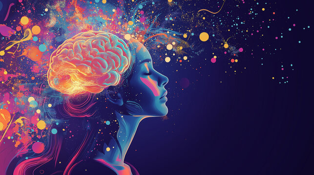 Generative Artificial intelligent illustration of annual collective mind concept art, in woman have transparent brain and brain design with Artificial intelligent ,exploding mind, inner world, dreams,