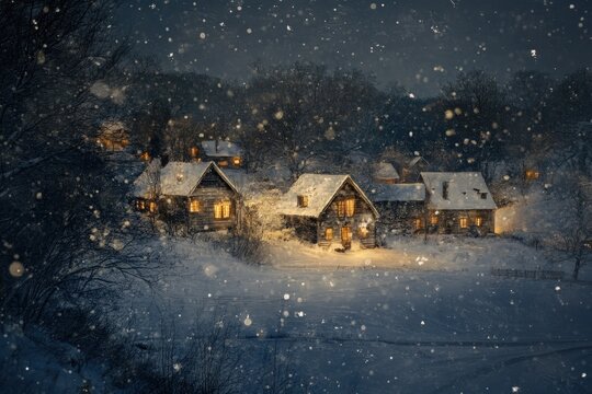 Maisons en bois &eacute;clair&eacute;es dans un village sous une temp&ecirc;te de neige