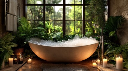 A luxurious bathtub with bubbles and candles, surrounded by lush greenery and a large window with a view of a forest.