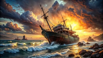 Obraz premium Intricate Shipwreck Drawings Capturing the Beauty and Mystery of Maritime Disasters in Stunning Detail and Artistic