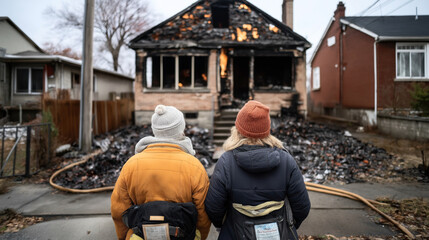 Fototapeta premium Two people wearing winter clothing stand in front of a house that has been severely damaged by fire, with visible debris and charred remains.