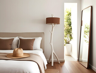 Bedroom interior background Coastal boho style 3d render
