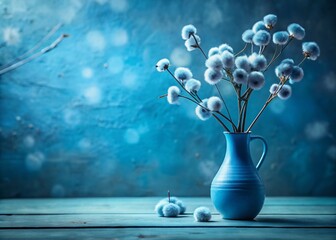Beautiful Tilt-Shift Photography of a Blue Cotton Flower Vase on a Blue Table for Home Decor Inspiration