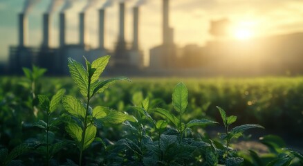 Fototapeta premium A lush green tea plantation flourishing under sunlight near an industrial landscape with smokestacks