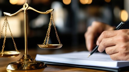 Lawyer Advising Client with Legal Documents and Scales