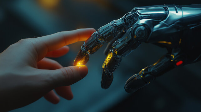 human finger delicately touches the finger of a robot's metallic finger. Concept of harmonious coexistence of humans and AI technology and involution