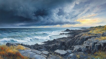 Fototapeta premium Stormy Seascape with Rocky Coastline and Sunset Clouds