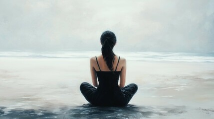 Fototapeta premium Woman sitting beach black dress zen meditation half deep teenager girl digitally painted looking straight ahead empty white room 