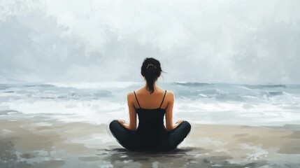 Fototapeta premium Woman sitting beach black dress zen meditation half deep teenager girl digitally painted looking straight ahead empty white room 