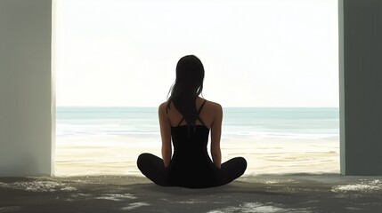 Fototapeta premium Woman sitting beach black dress zen meditation half deep teenager girl digitally painted looking straight ahead empty white room 