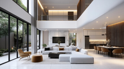 Fototapeta premium Modern spacious living room with large glass windows, contemporary furniture, marble wall, and open-plan kitchen and dining area with minimalist design and natural lighting.