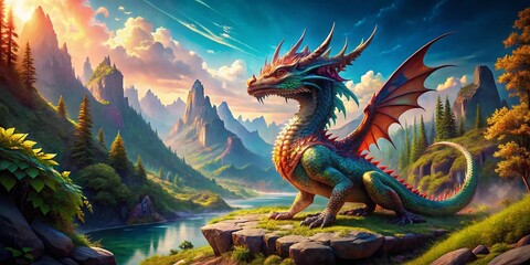 Obraz premium Majestic Dragon in a Fantasy Landscape Perfect for Free Download and Creative Projects Featuring Mythical Creatures