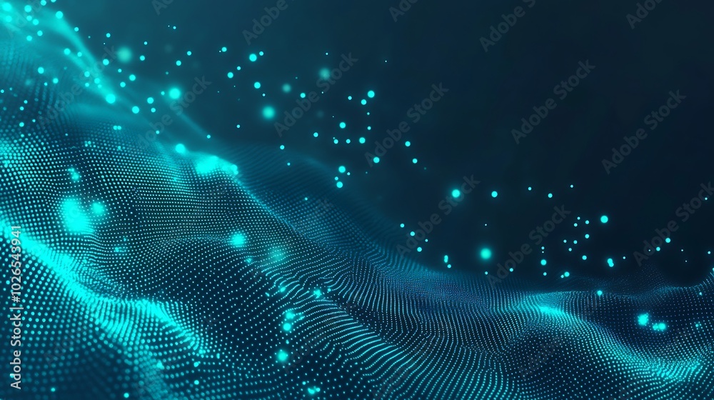 Poster abstract blue and green digital wave with glowing particles.