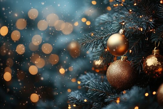 Christmas background with xmas tree and sparkle bokeh lights on red canvas background. Merry christmas card. Winter holiday theme. Happy New Year. Space for text