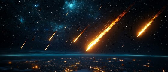 Fototapeta premium Streaking meteors illuminate the night sky above a cityscape, creating a stunning celestial display.
