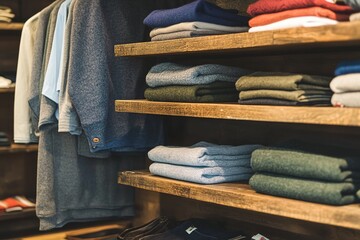 Neatly folded clothes on wooden shelves in a modern clothing store